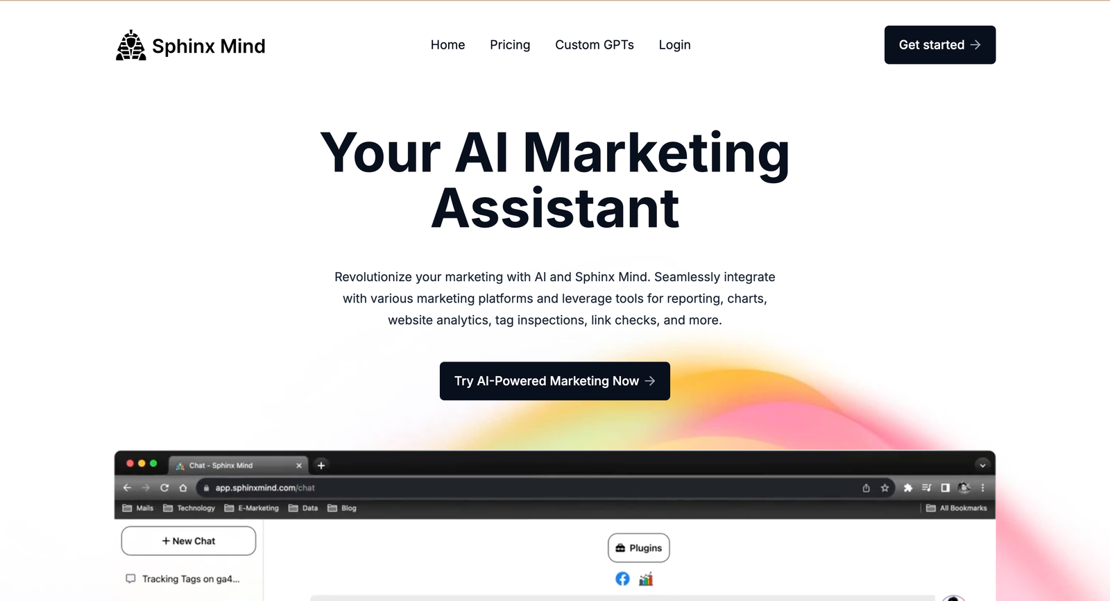 Sphinx Mind homepage showcasing its AI marketing assistant features, highlighting seamless integration with marketing platforms, reporting tools, and analytics. Includes a user interface preview for managing campaigns.